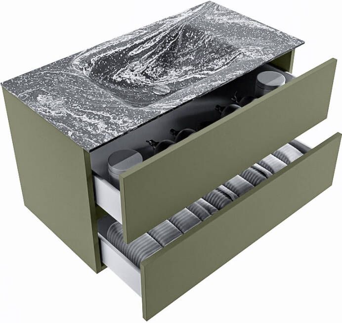 Mondiaz Vica Dlux badmeubel 90cm Army Cloud wastafel Lava midden zonder kraangat