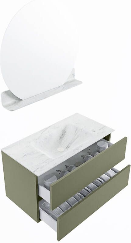 Mondiaz Vica Dlux badmeubel 90cm Army Cloud wastafel Opalo midden met 1 kraangat