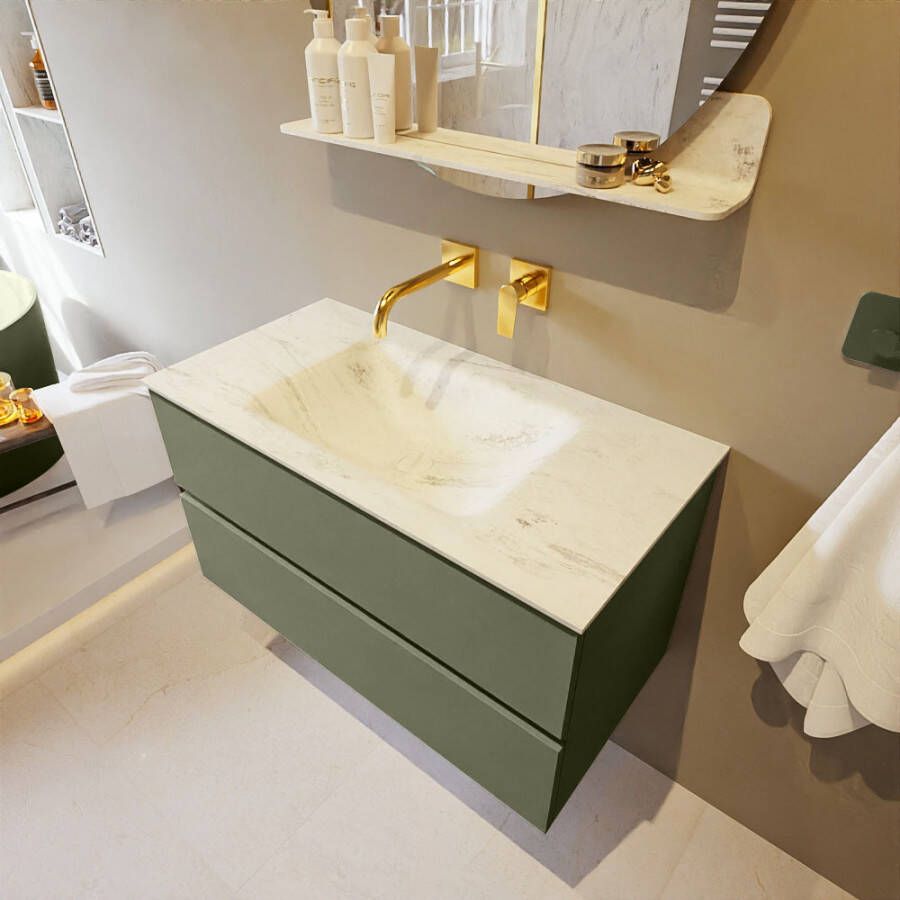 Mondiaz Vica Dlux badmeubel 90cm Army Cloud wastafel Opalo midden zonder kraangat