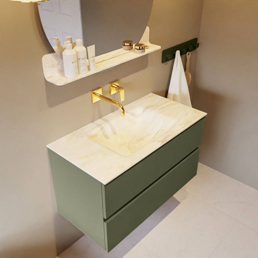 Mondiaz Vica Dlux badmeubel 90cm Army Cloud wastafel Ostra midden zonder kraangat