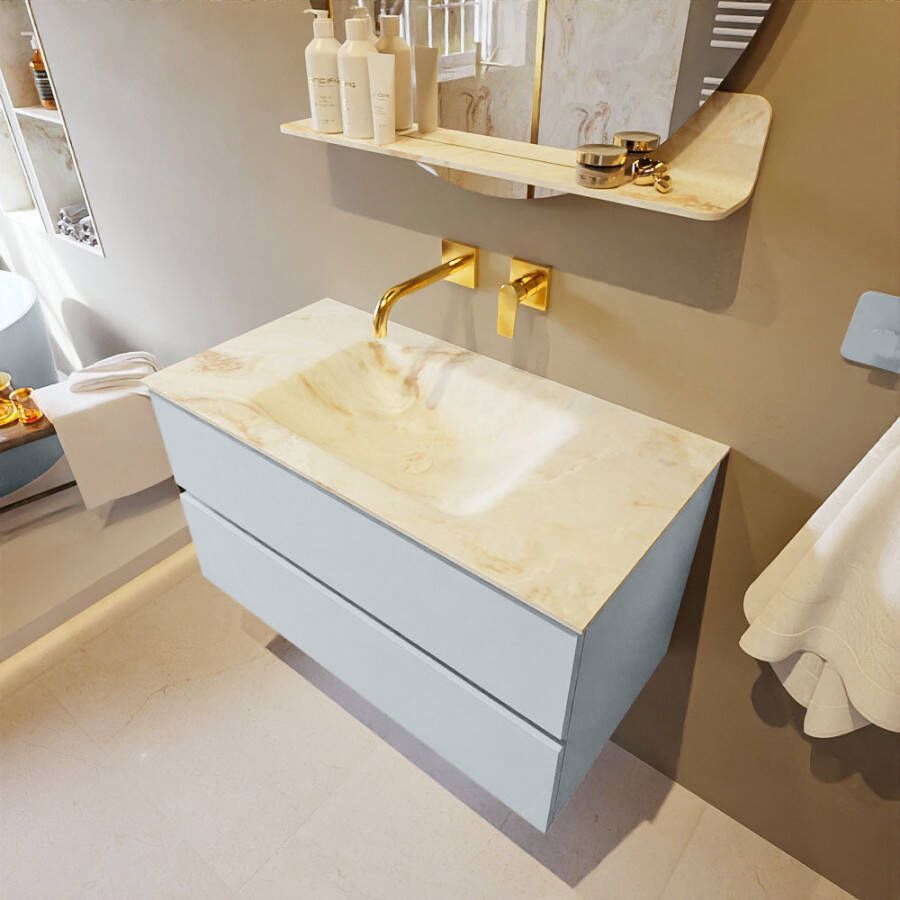 Mondiaz Vica Dlux badmeubel 90cm Clay Cloud wastafel Frappe midden zonder kraangat