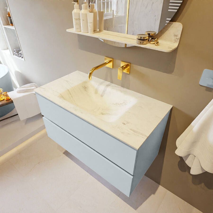 Mondiaz Vica Dlux badmeubel 90cm Clay Cloud wastafel Opalo midden zonder kraangat