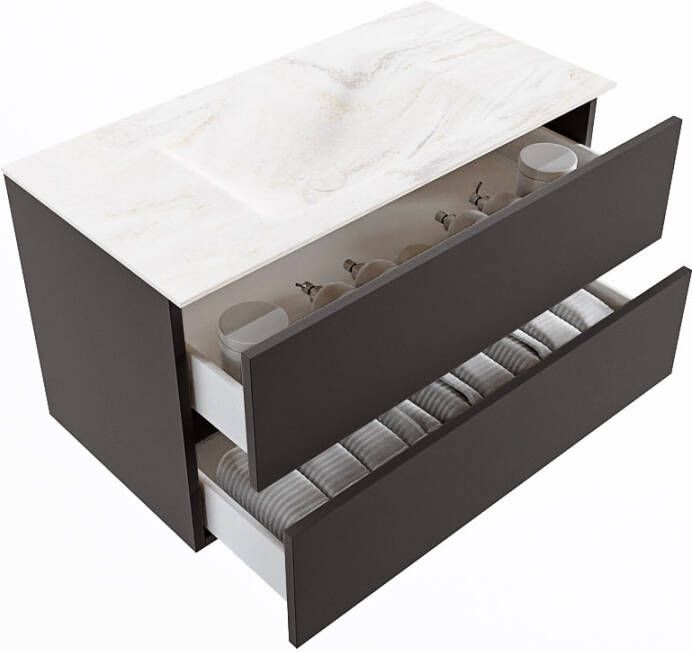 Mondiaz Vica Dlux badmeubel 90cm Dark grey Cloud wastafel Ostra midden met 1 kraangat