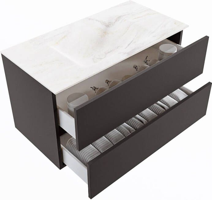 Mondiaz Vica Dlux badmeubel 90cm Dark grey Cloud wastafel Ostra midden zonder kraangat