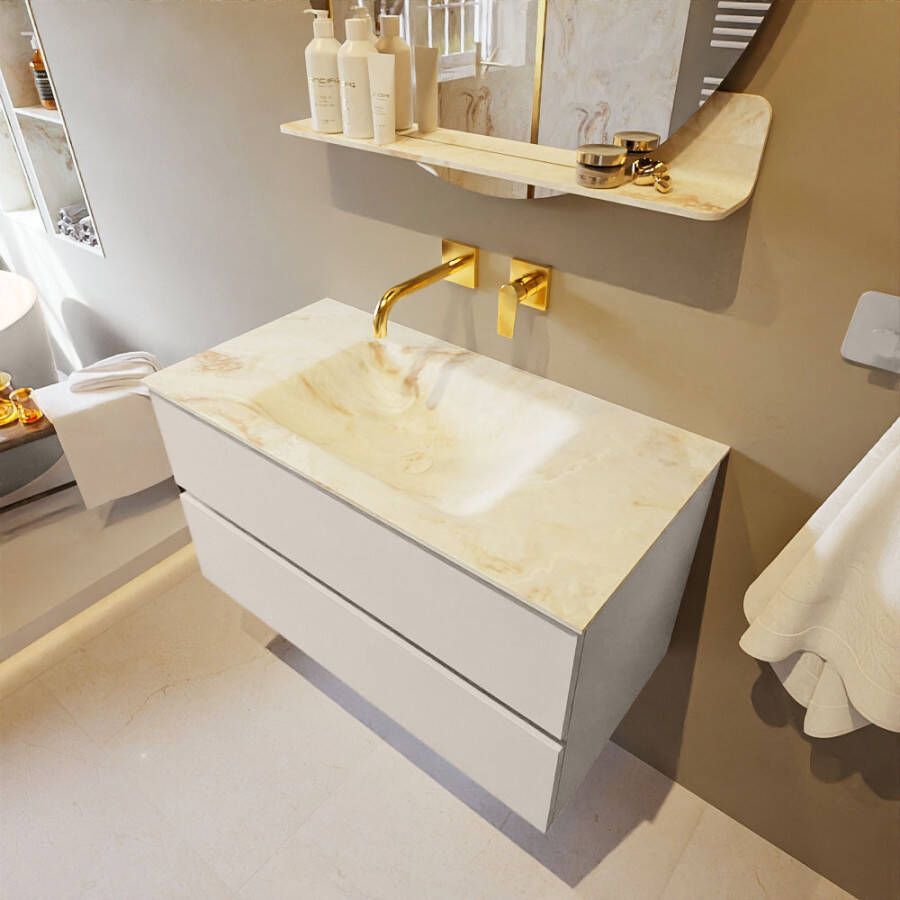 Mondiaz Vica Dlux badmeubel 90cm Linen Cloud wastafel Frappe midden zonder kraangat
