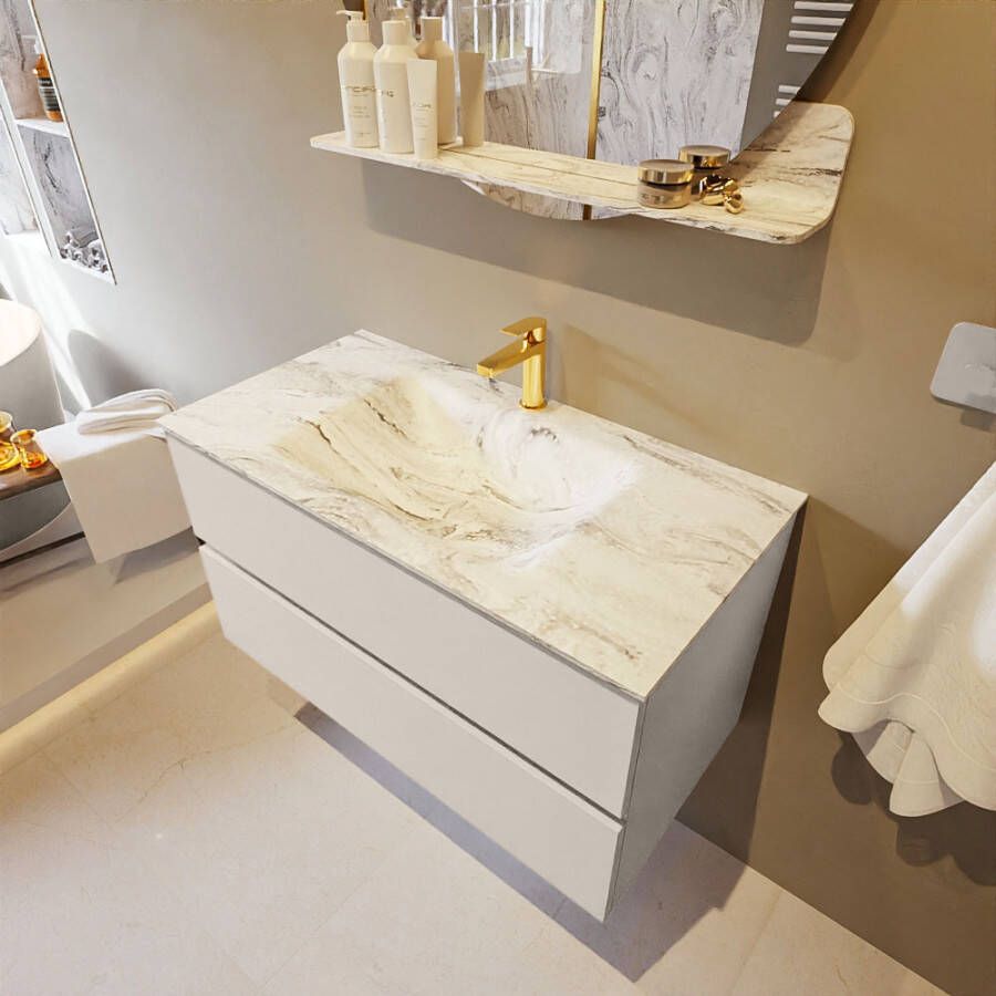 Mondiaz Vica Dlux badmeubel 90cm Linen Cloud wastafel Glace midden met 1 kraangat