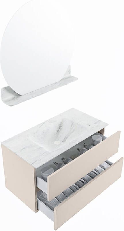 Mondiaz Vica Dlux badmeubel 90cm Linen Cloud wastafel Opalo midden zonder kraangat