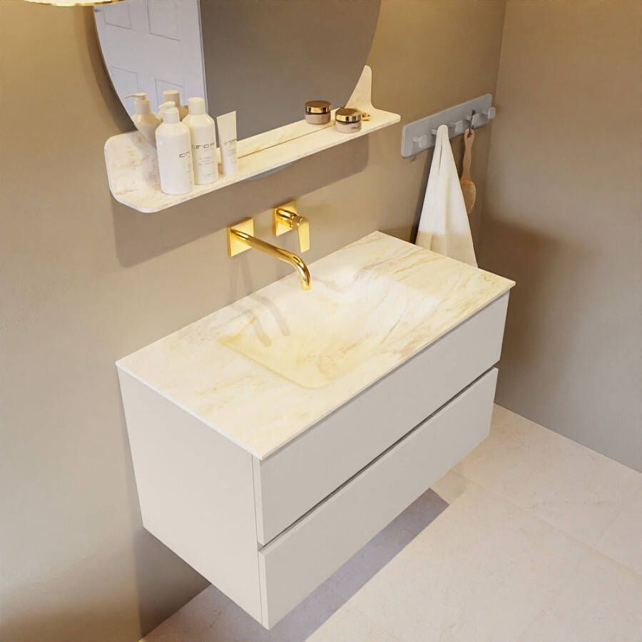 Mondiaz Vica Dlux badmeubel 90cm Linen Cloud wastafel Ostra midden zonder kraangat