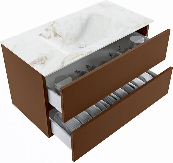 Mondiaz Vica Dlux badmeubel 90cm Rust Cloud wastafel Frappe midden met 1 kraangat