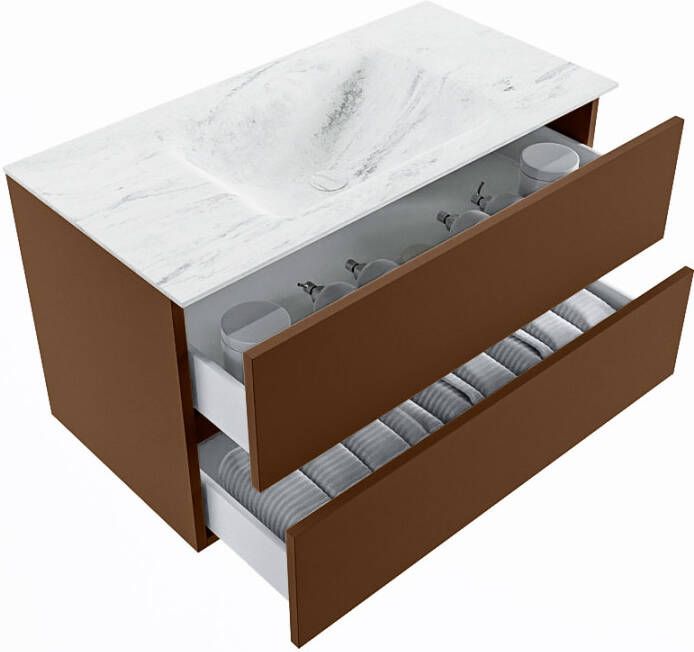 Mondiaz Vica Dlux badmeubel 90cm Rust Cloud wastafel Opalo midden met 1 kraangat