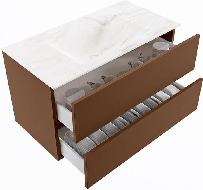 Mondiaz Vica Dlux badmeubel 90cm Rust Cloud wastafel Ostra midden met 1 kraangat