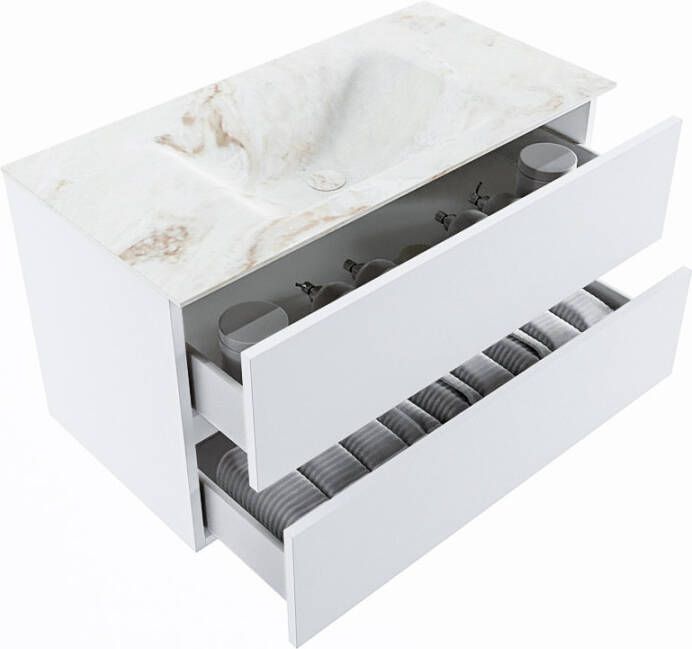 Mondiaz Vica Dlux badmeubel 90cm Talc Cloud wastafel Frappe midden met 1 kraangat