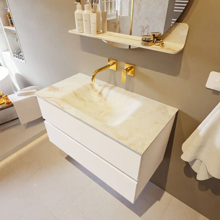 Mondiaz Vica Dlux badmeubel 90cm Talc Cloud wastafel Frappe midden zonder kraangat