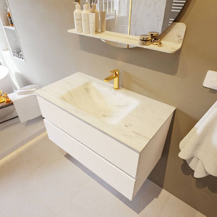 Mondiaz Vica Dlux badmeubel 90cm Talc Cloud wastafel Opalo midden met 1 kraangat