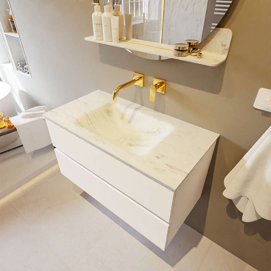 Mondiaz Vica Dlux badmeubel 90cm Talc Cloud wastafel Opalo midden zonder kraangat