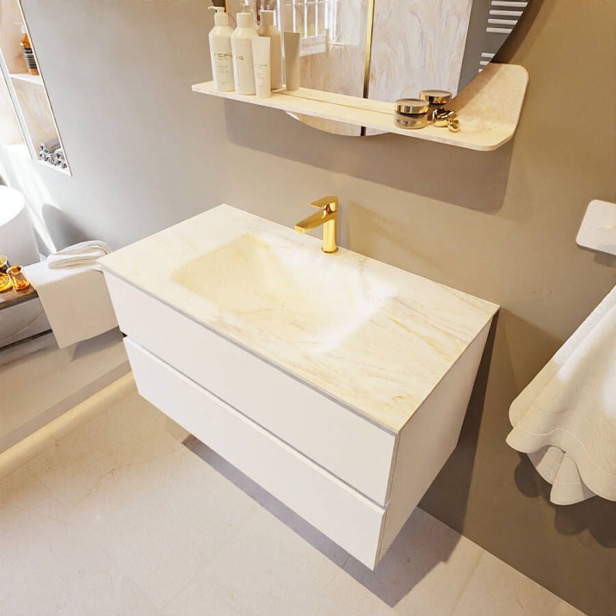 Mondiaz Vica Dlux badmeubel 90cm Talc Cloud wastafel Ostra midden met 1 kraangat