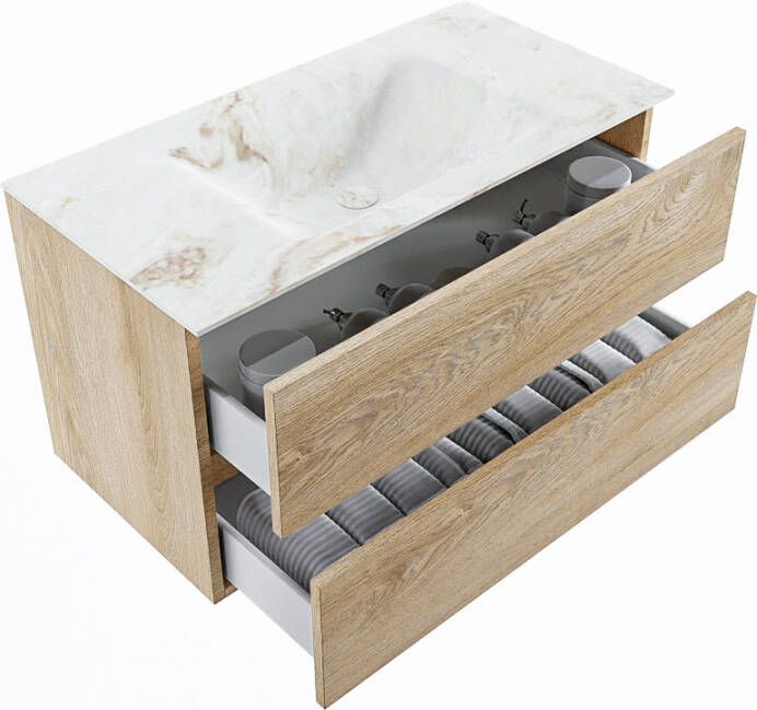 Mondiaz Vica Dlux badmeubel 90cm Washed Oak Cloud wastafel Frappe midden met 1 kraangat
