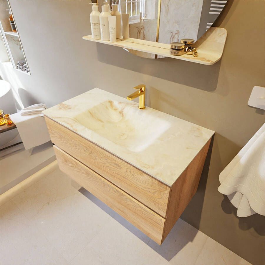 Mondiaz Vica Dlux badmeubel 90cm Washed Oak Cloud wastafel Frappe midden met 1 kraangat