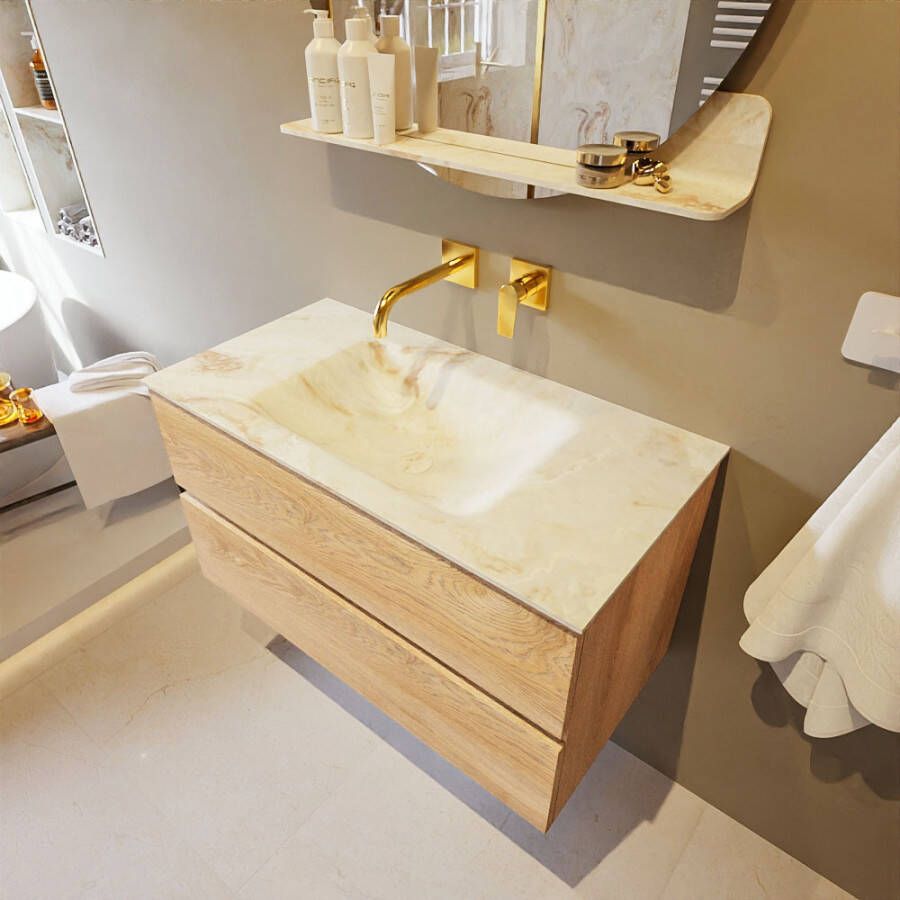 Mondiaz Vica Dlux badmeubel 90cm Washed Oak Cloud wastafel Frappe midden zonder kraangat