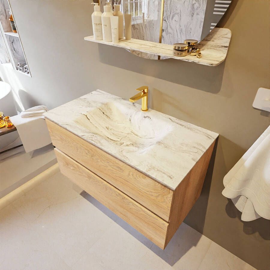 Mondiaz Vica Dlux badmeubel 90cm Washed Oak Cloud wastafel Glace midden met 1 kraangat