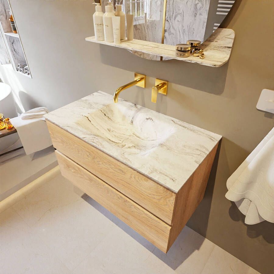 Mondiaz Vica Dlux badmeubel 90cm Washed Oak Cloud wastafel Glace midden zonder kraangat