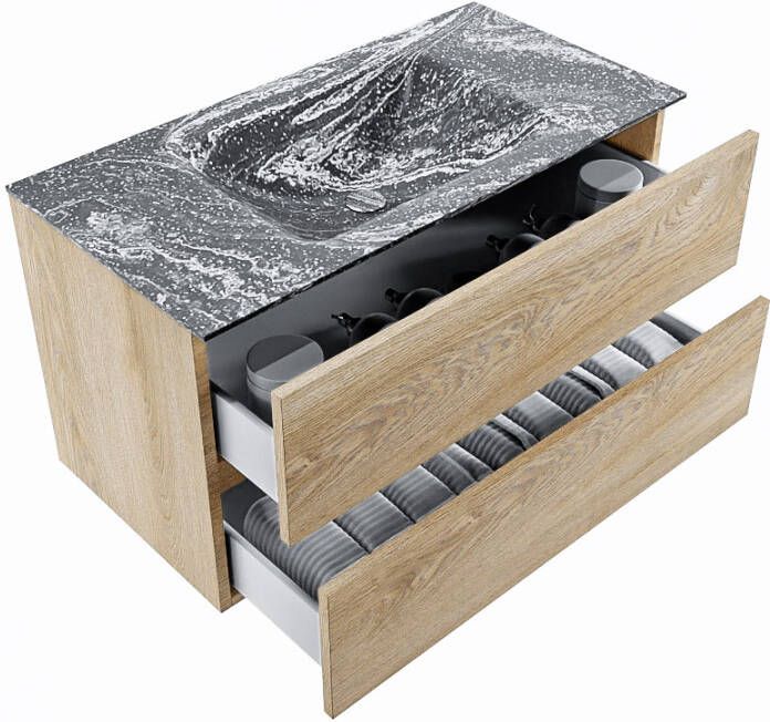 Mondiaz Vica Dlux badmeubel 90cm Washed Oak Cloud wastafel Lava midden met 1 kraangat