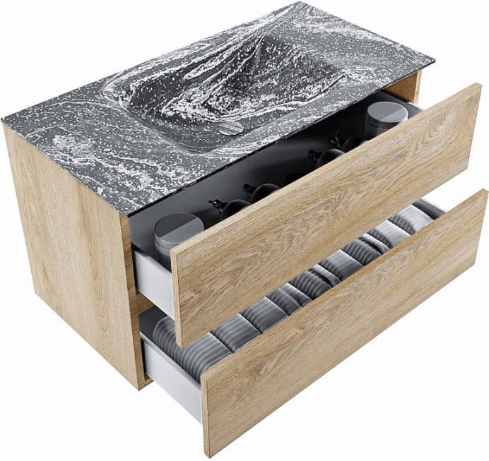 Mondiaz Vica Dlux badmeubel 90cm Washed Oak Cloud wastafel Lava midden zonder kraangat