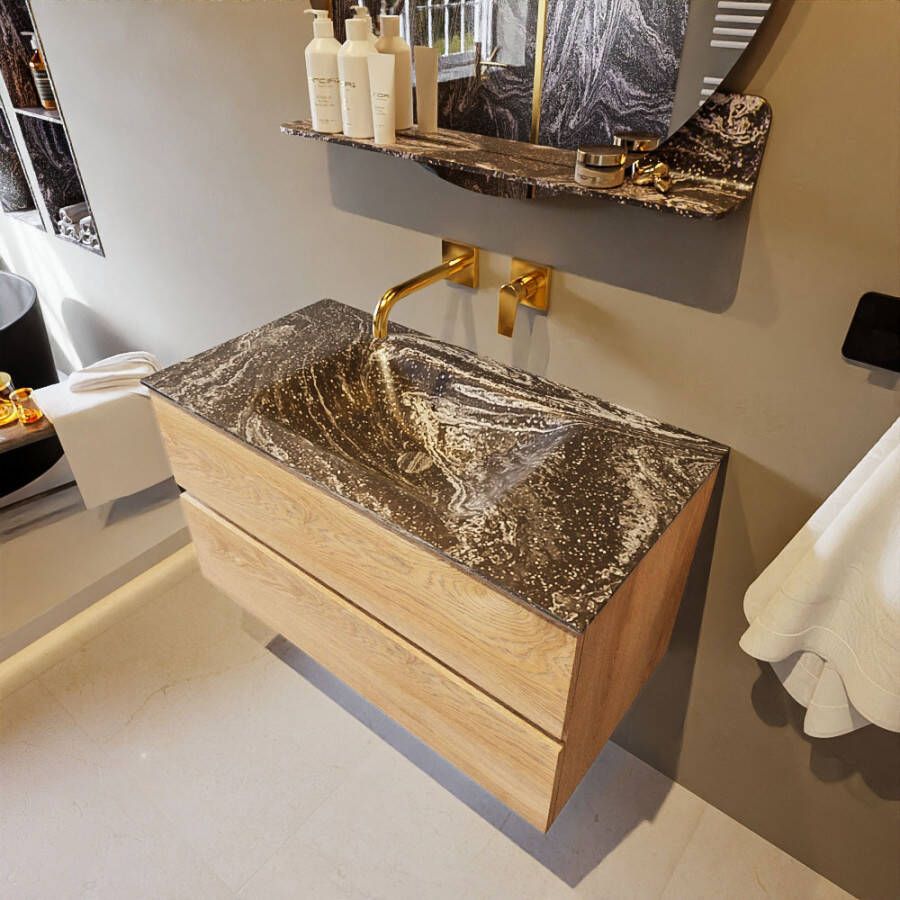 Mondiaz Vica Dlux badmeubel 90cm Washed Oak Cloud wastafel Lava midden zonder kraangat