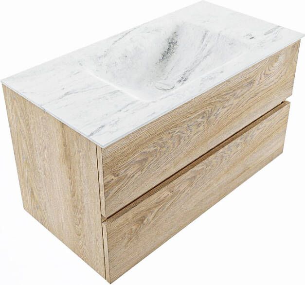 Mondiaz Vica Dlux badmeubel 90cm Washed Oak Cloud wastafel Opalo midden met 1 kraangat