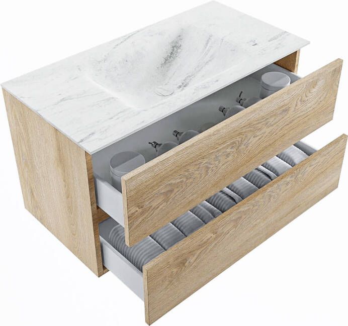 Mondiaz Vica Dlux badmeubel 90cm Washed Oak Cloud wastafel Opalo midden met 1 kraangat