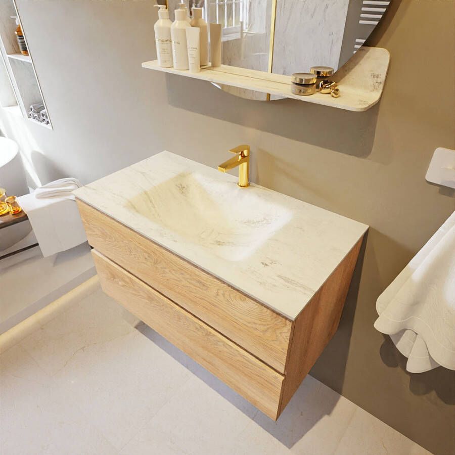 Mondiaz Vica Dlux badmeubel 90cm Washed Oak Cloud wastafel Opalo midden met 1 kraangat