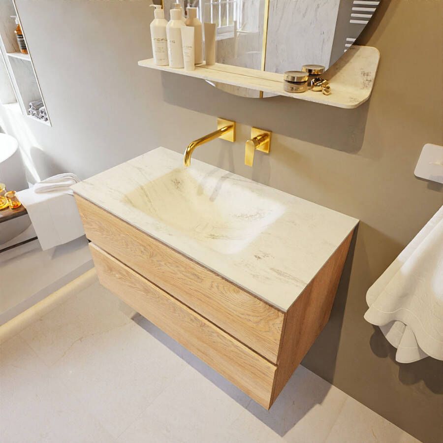 Mondiaz Vica Dlux badmeubel 90cm Washed Oak Cloud wastafel Opalo midden zonder kraangat