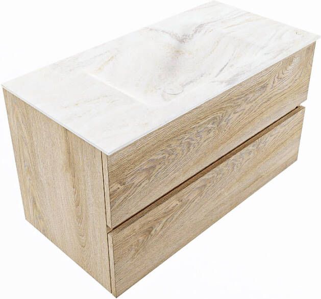 Mondiaz Vica Dlux badmeubel 90cm Washed Oak Cloud wastafel Ostra midden met 1 kraangat
