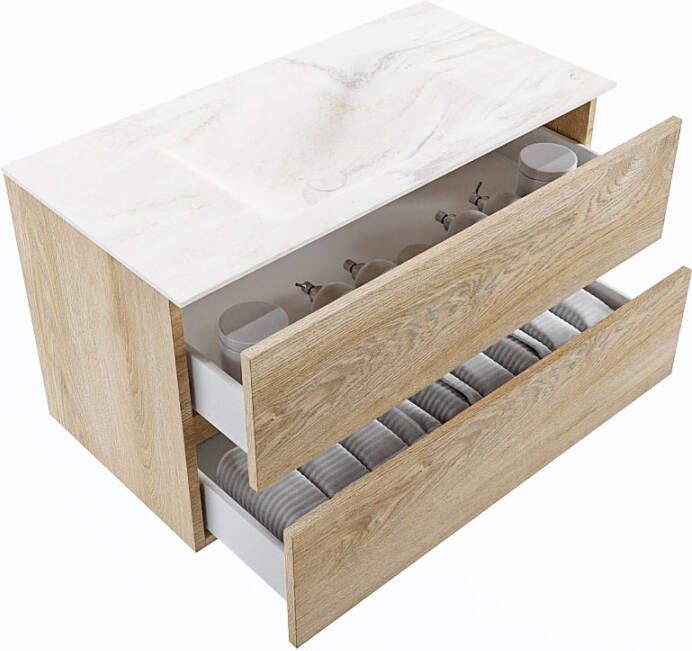 Mondiaz Vica Dlux badmeubel 90cm Washed Oak Cloud wastafel Ostra midden met 1 kraangat