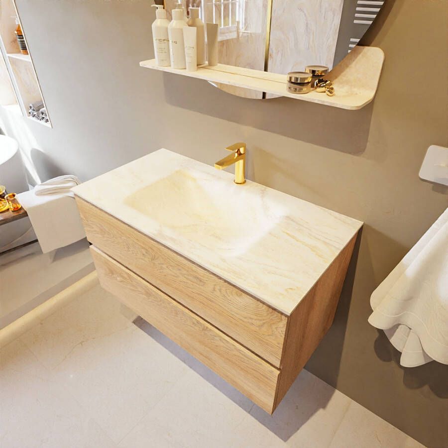 Mondiaz Vica Dlux badmeubel 90cm Washed Oak Cloud wastafel Ostra midden met 1 kraangat