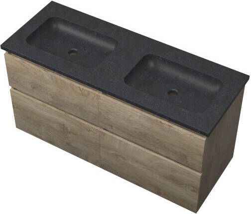 Proline Elegant badmeubel met hardsteen wastafel zonder kraangaten en onderkast 4 laden a-symmetrisch Raw oak 120x46cm (bxd)