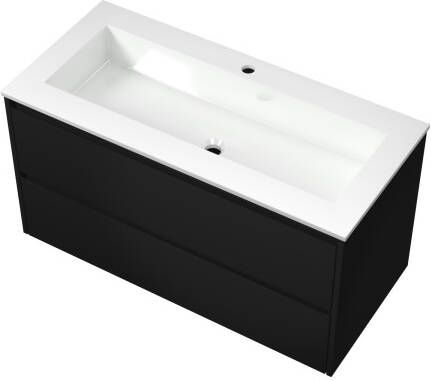 Proline Elegant badmeubel met polystone wastafel met 1 kraangat en onderkast symmetrisch Mat zwart Glans wit 100x46cm (bxd)