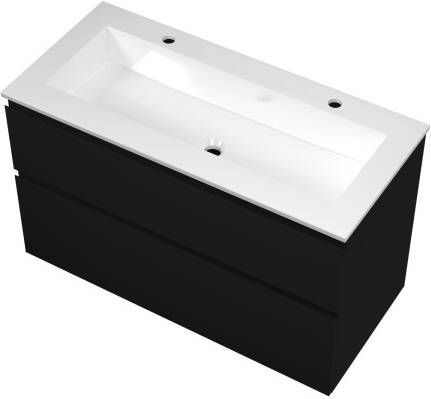 Proline Elegant badmeubel met polystone wastafel met 2 kraangaten en onderkast a-symmetrisch Mat zwart Glans wit 120x46cm (bxd)