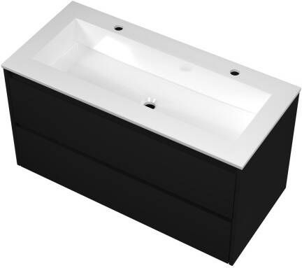 Proline Elegant badmeubel met polystone wastafel met 2 kraangaten en onderkast symmetrisch Mat zwart Mat wit 100x46cm (bxd)