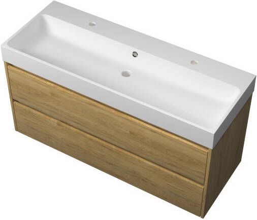Proline Loft badmeubel met polystone wastafel met 2 kraangaten en onderkast symmetrisch Ideal oak Mat wit 100x46cm (bxd)