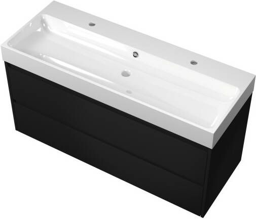 Proline Loft badmeubel met polystone wastafel met 2 kraangaten en onderkast symmetrisch Mat zwart Glans wit 120x46cm (bxd)