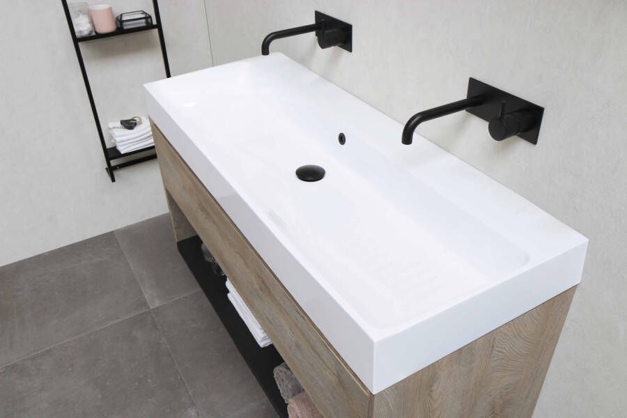 Proline Loft badmeubel met polystone wastafel zonder kraangat en onderkast symmetrisch Glans wit Glans wit 120x46cm (bxd)