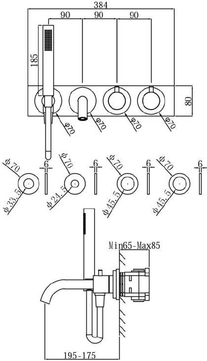 Regn complete thermostatische badinbouwset geborsteld goud PVD