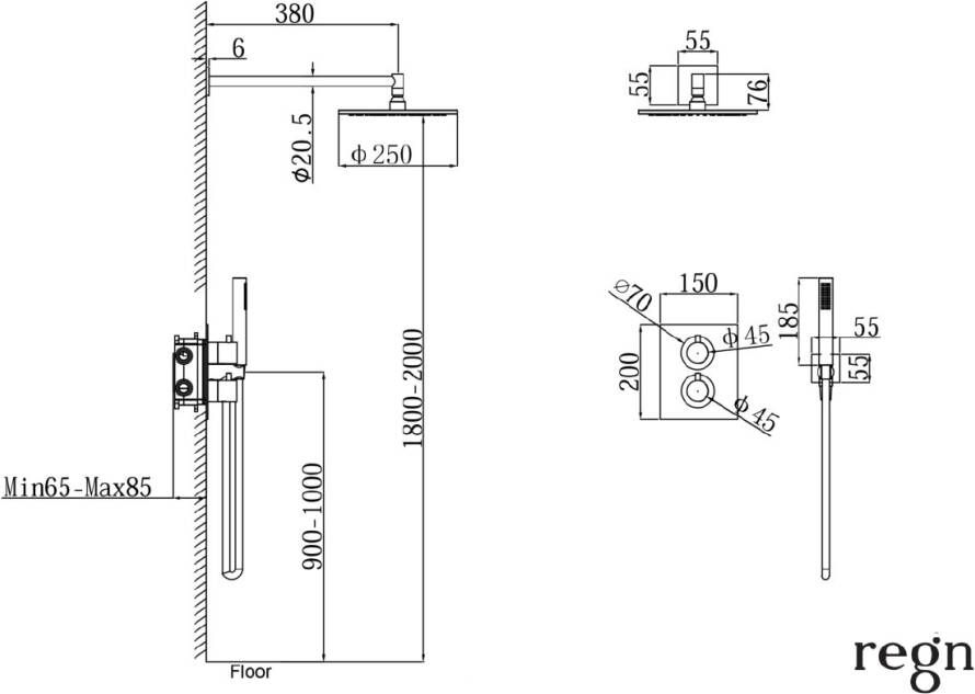 Regn complete thermostatische regendouche inbouwset rechthoek geborsteld koper PVD