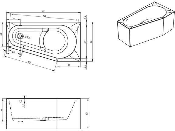 Riho Delta Plug&Play halfvrijstaand hoekbad 150x80cm acryl links