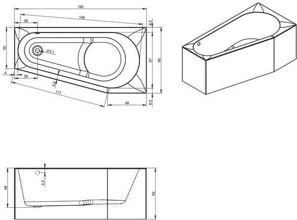 Riho Delta Plug&Play halfvrijstaand hoekbad 160x80cm acryl links