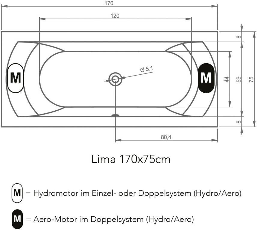 Riho Lima Easypool 3.1 whirlpool inbouwbad 170x75cm pneumatisch