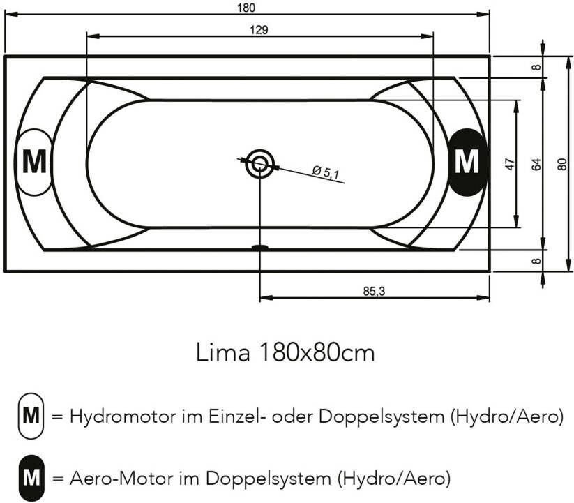 Riho Lima Easypool 3.1 whirlpool inbouwbad 180x80cm pneumatisch
