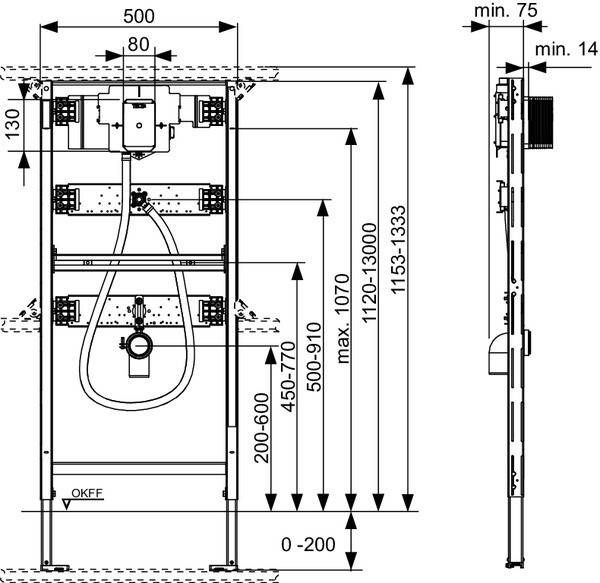 TECE profil urinoir inbouwframe met drukspoelerbehuizing U2 1120 mm