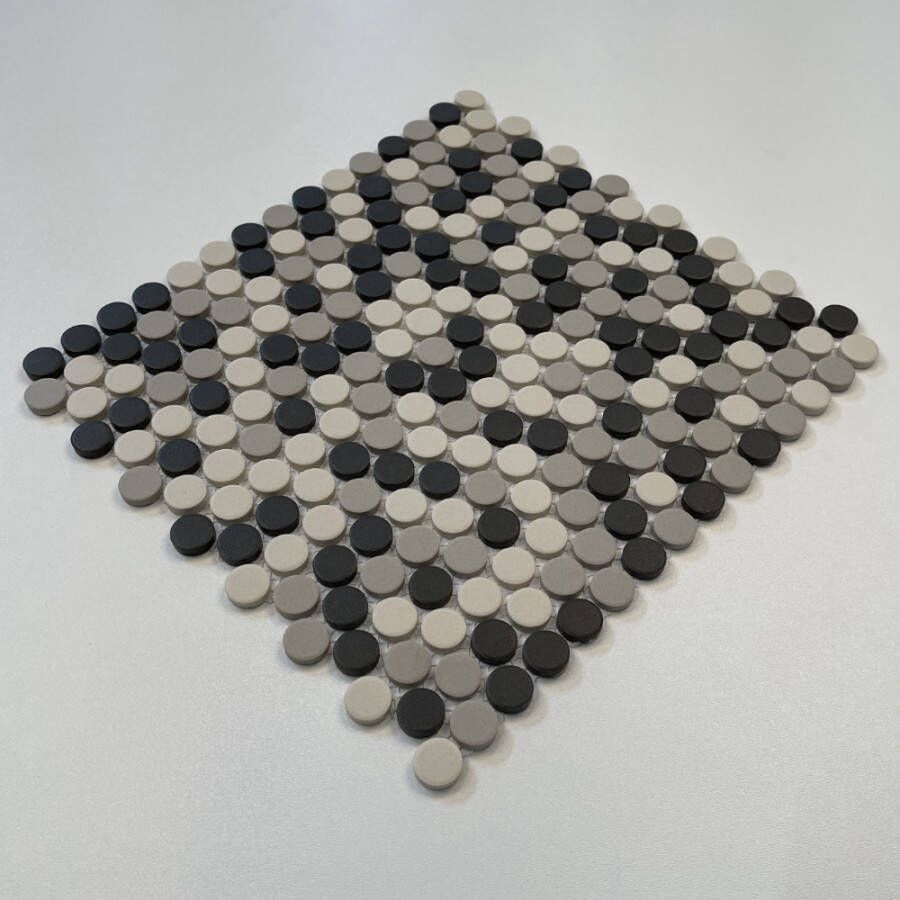 The Mosaic Factory London Pennyround mozaïektegel rond 1 9cm White Grey Black mix